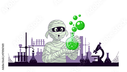 Spooky Science Experiment: A cartoon mummy enthusiastically engages in a chemistry experiment. Bubbles of glowing green reaction float up from a flask.