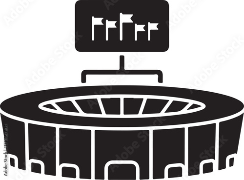 Vector art of silhouette of a stadium with a large screen displaying flags, a modern sports venue with a digital display