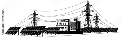 solar power station silhouette clean energy, sustainable future, grid connection, isolated on transparent background