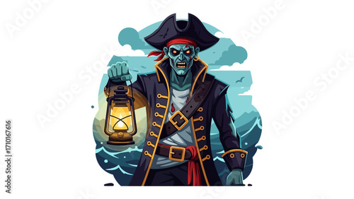 Undead Buccaneer: A haunting illustration of a zombie pirate, holding a lantern against a nautical backdrop, embodying the eerie blend of the undead and the seafaring life. 