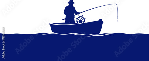 solitary fisherman blue hour serenity on calm waters, isolated on transparent background