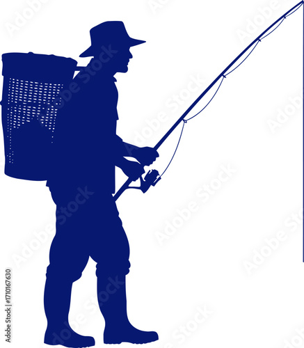 solitary angler a navy blue silhouette of coastal solitude and patience, isolated on transparent background