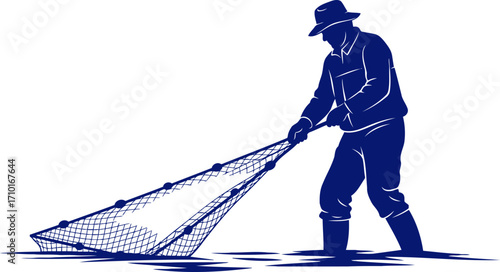 solitary fisherman a deep blue silhouette of tranquil catch, isolated on transparent background