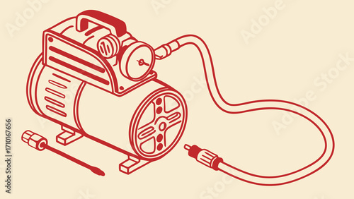 Red Line Art of a Portable Air Compressor with Hose and Attachments