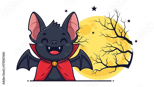 Enchanting Nighttime: A charming cartoon bat, adorned in a cape, radiates playful cheer against the backdrop of a glowing, full moon and starry sky. A playful embodiment of enchantment and wonder. 