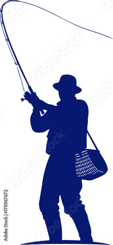 solitary fisherman silhouette peaceful river, tranquil pursuit, blue hour serenity, isolated on transparent background