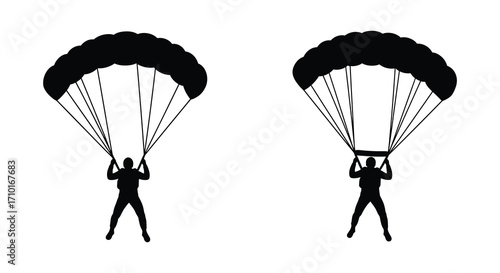 Black silhouette illustrations depicting two parachutists in mid air descent