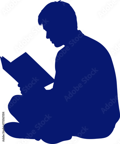 the blue hour of reading a young mans silhouette lost in a book, isolated on transparent background