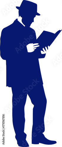 the blue gentleman a silhouette of contemplative reading and quiet wisdom, isolated on transparent background