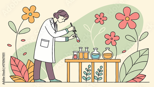 Scientist in Lab Coat Mixing Liquids with Flowers in a Whimsical Setting