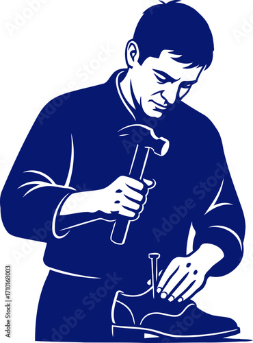 the cobblers focused hand a blue silhouette of precise shoe repair, isolated on transparent background