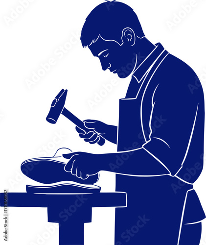 the cobblers silent focus blue silhouette of a craftsman at work, isolated on transparent background