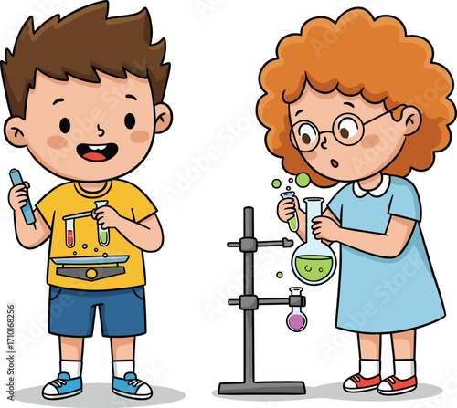 Cartoon children doing science experiment, lab setup, test tube, beaker, chemical reaction, STEM activity, education, learning, kids, colorful, fun