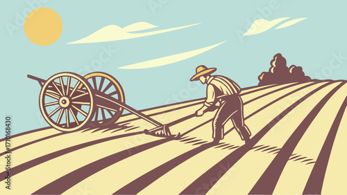 Vintage Illustration of a Farmer Plowing a Field with a HorseDrawn Cart