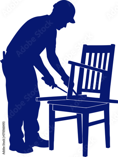 the craftsmans resolve a blue silhouette of diligent chair repair, isolated on transparent background