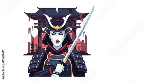 Samurai Warrior with Katana: An illustrated samurai warrior stands poised, clad in traditional armor, katana gleaming, with a backdrop of a Japanese temple. 