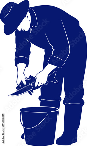 the fishermans quiet task a navy blue silhouette of coastal life, isolated on transparent background