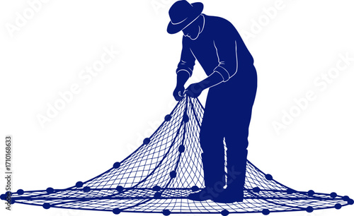the fishermans silent harvest a navy blue silhouette of a man mending his net, isolated on transparent background