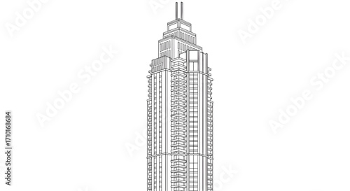 Detailed vector line art illustration of a modern city skyscraper, architectural schematic design isolated on a white background
