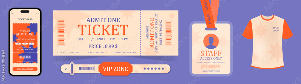 Obraz premium set of event concert entry ticket and bracelet pass with mobile ticket, staff pass and t shirt mockup