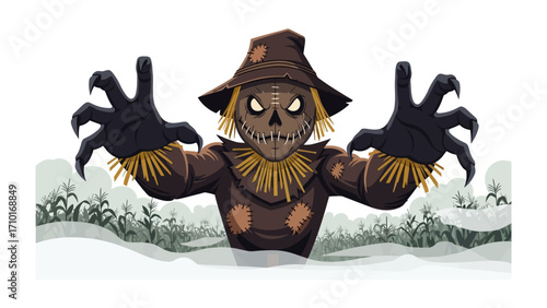 The Guardian Scarecrow: A menacing scarecrow, exuding a spooky and thrilling sensation, stands guard with outstretched arms in a cartoonish representation.