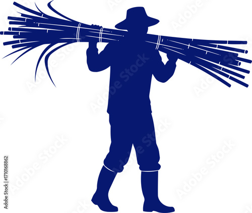 the sugarcane farmer a navy blue silhouette of resilience and harvest, isolated on transparent background
