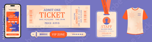 set of event concert entry ticket and bracelet pass with mobile ticket, staff pass and t shirt mockup