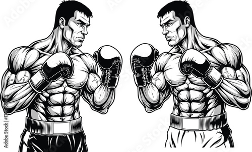 Strong muscular boxer facing opponent, detailed black and white illustration, intense fighting pose, boxing gloves, male athlete, combat sports, competition, training