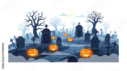 Haunted Halloween Graveyard: Eerie pumpkins illuminate a moonlit graveyard, evoking a sense of mystery and the spooky spirit of Halloween.