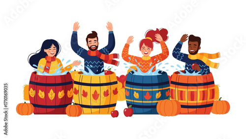 Autumnal Merriment: A joyous gathering of individuals enjoys a festive fall celebration, immersing themselves in vibrant wooden barrels filled with warm beverages.