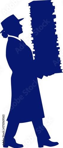 the weight of knowledge a librarians silhouette carrying a tower of books, isolated on transparent background