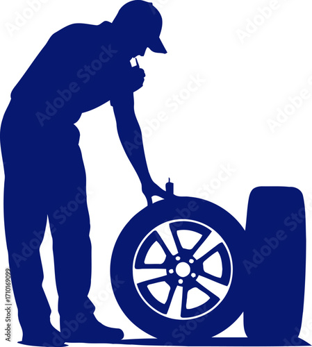 tire change silhouette mechanics focus and precision, isolated on transparent background