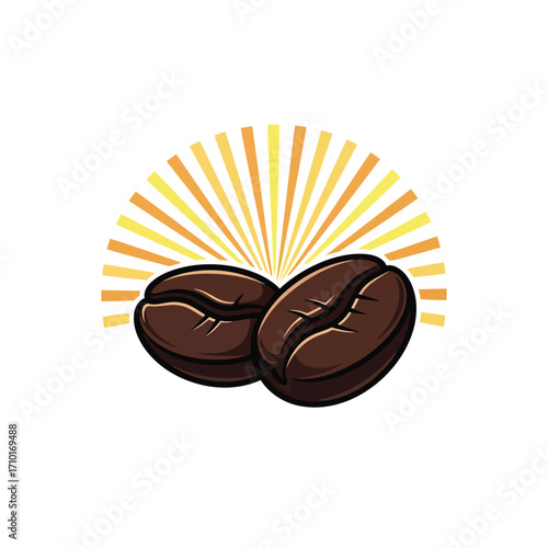 A vibrant cartoon illustration of two dark roasted coffee beans set against a stylized yellow sunburst.