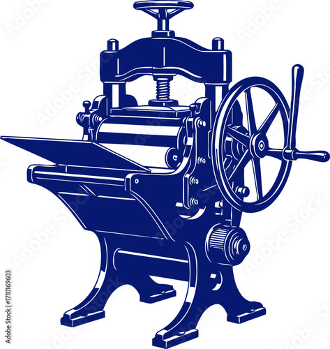 vintage blue printing press a timeless silhouette of craftsmanship and history, isolated on transparent background