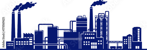 a navy blue silhouette of industrial power majestic factory complex at dawn, isolated on transparent background