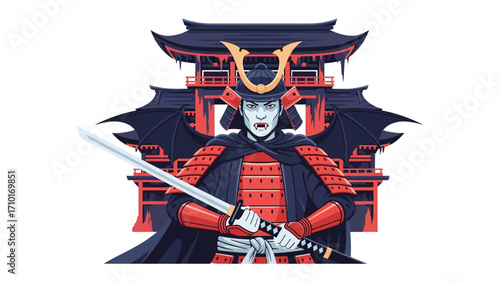 Warrior's Resolve: A stylized portrayal of a samurai warrior, exuding strength and unwavering determination, standing before a traditional Japanese temple, his katana gleaming in the light. 