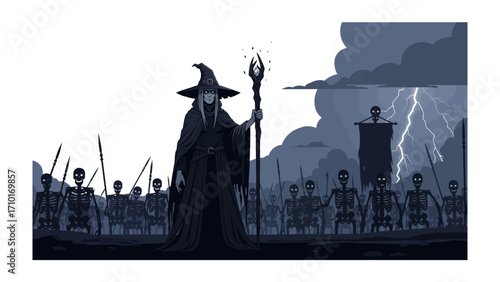 Mystical Conjuration: An enigmatic sorceress, cloaked in shadow, commands a spectral army in an epic, artistic illustration, a realm of dark magic, power, and fantasy.