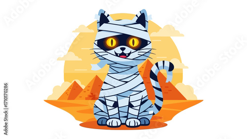 Mummy Cat in Egyptian Landscape: A whimsical illustration of a cat in mummy bandages stands proudly before the iconic backdrop of pyramids under a warm sky.