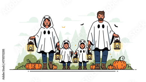 Family's Halloween Delight: A family, donned in ghost costumes, joyfully strolls together during Halloween night with lantern, creating a spooktacular scene.