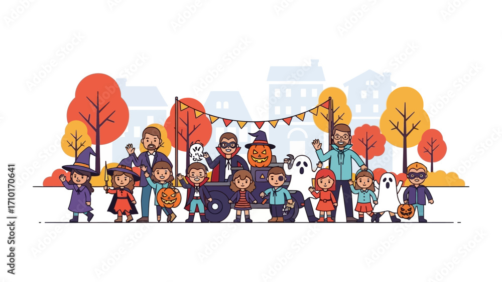 Fototapeta premium Spooktacular Gathering: A charming illustration capturing a group of kids dressed in Halloween costumes enjoying festivities with the support of adults.