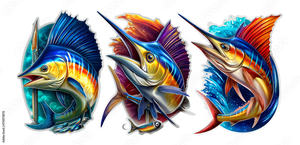 Obraz premium Vibrant Marine Fish Illustrations with Dynamic Colors and Detailed Features