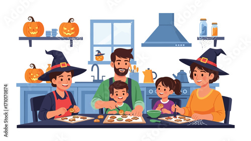 Halloween Baking Family: A family gathers in the kitchen, enthusiastically preparing festive Halloween cookies, adorned with Halloween decor, creating lasting memories.