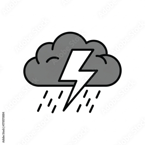 Stylized thunderstorm icon with a dark cloud, lightning bolt, and rain. Simple flat vector weather symbol for a severe storm forecast