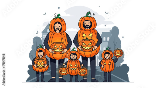 Halloween Family: A harmonious Halloween scene depicts a family, each member dressed in playful pumpkin costumes and props. Their collective presence evokes a sense of togetherness.