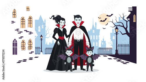Spooky Family Gathering: A stylized illustration of a vampire family standing together in a whimsical town setting, embracing the fun and fantasy of Halloween.