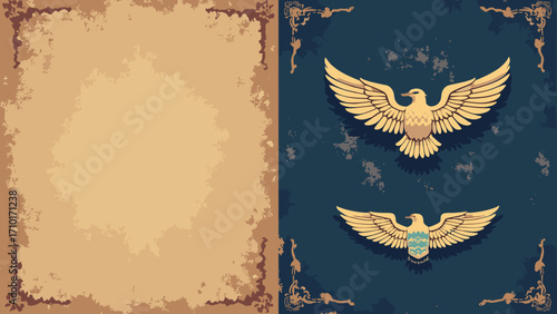 Aviator badges — enamel flight badges on aviator leather, left copyspace rectangle for copy, palette: tan, brass, navy