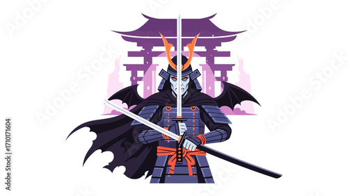 Samurai Warrior Illustration: A formidable Samurai, clad in traditional armor and wielding a katana, stands poised against the backdrop of a traditional Japanese gate.
