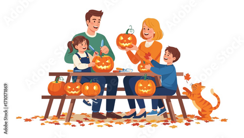 Autumn's Carving: A heartwarming illustration of a family carving pumpkins together, embracing the joy of Halloween with an orange cat. 