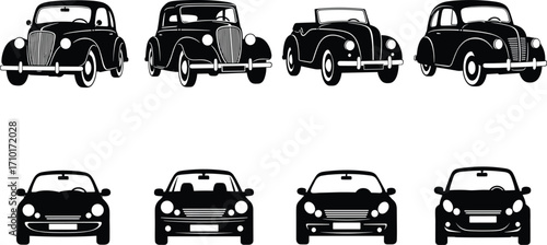 Vintage classic cars and modern cars silhouettes, black and white, vehicle collection, automotive design, transportation, car front and side views, retro and contemporary automobiles.