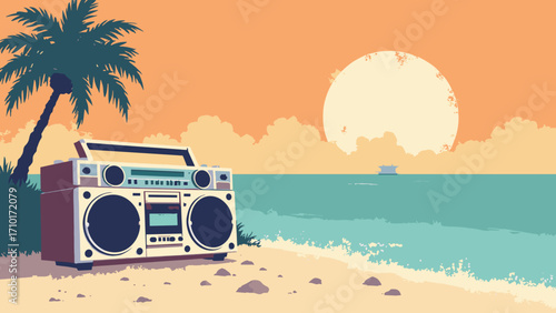 Boombox summer — chrome boombox on terrazzo with palm halftone, generous top-right copyspace, palette: sunset orange, beige, teal
